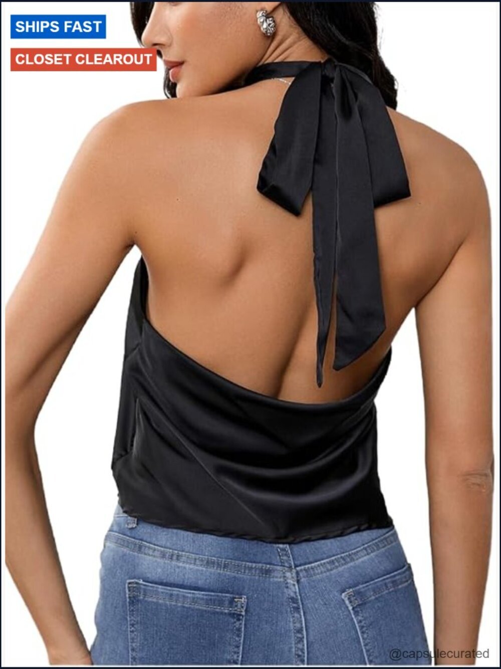 Satin Silk Backless Halter Tank Top Sleeveless Going Out Top